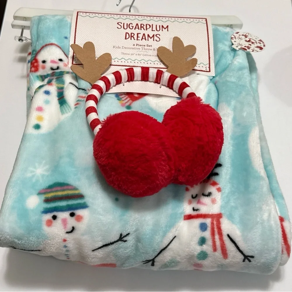 Sugarplum Dreams 2-Pc Set 50”x60” Throw Blanket & Earmuffs Colorful Snowman NWT